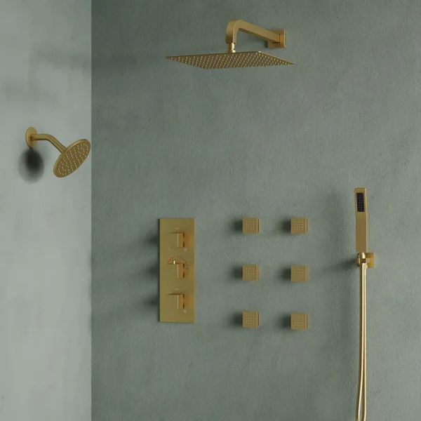Luxury Brushed Gold Multi-Function Shower System with Rainfall Head, Body Jets & Hand Shower