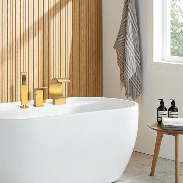 2263d934c4b240bde7d09b9ab1774a2e Luxury Brushed Gold Deck-Mounted Waterfall Bathtub Faucet with Hand Shower