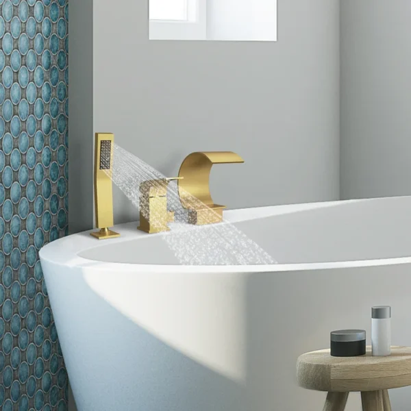 56612c303d50ba8ae1cd95bfa7983681 Luxury Brushed Gold Deck-Mounted Waterfall Bathtub Faucet with Hand Shower