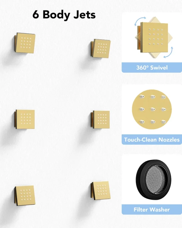 Luxury Brushed Gold Multi-Function Shower System with Rainfall Head, Body Jets & Hand Shower