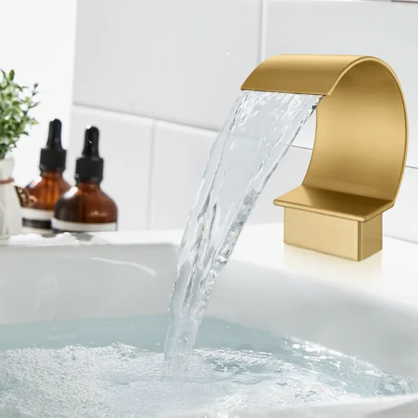 8195ccd0fe22688f94119ad91771b83a Luxury Brushed Gold Deck-Mounted Waterfall Bathtub Faucet with Hand Shower