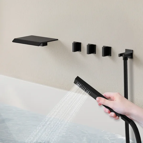 Matte Black Wall-Mounted Waterfall Bathtub Faucet with Handheld Shower – Modern Tub Filler Set