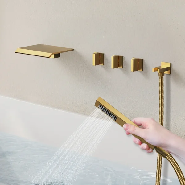 94c6ddb17b8ed2eee02ab38e9ca5998a Luxury Brushed Gold Deck-Mounted Waterfall Bathtub Faucet with Hand Shower