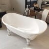 Luxury White Boat-Shaped Clawfoot Bathtub with Gold Feet – Vintage Freestanding Soaking Tub