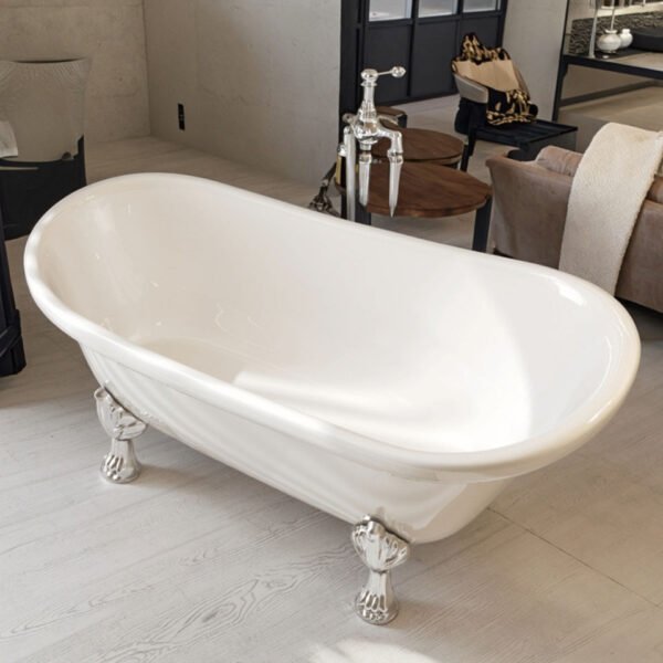 Luxury White Boat-Shaped Clawfoot Bathtub with Gold Feet – Vintage Freestanding Soaking Tub
