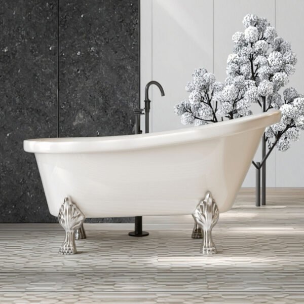 Luxury White Boat-Shaped Clawfoot Bathtub with Gold Feet – Vintage Freestanding Soaking Tub