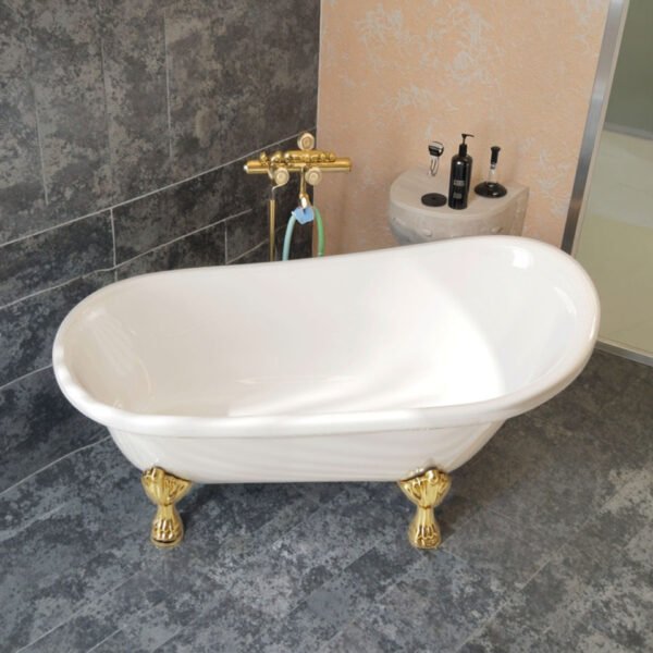 Luxury White Boat-Shaped Clawfoot Bathtub with Gold Feet – Vintage Freestanding Soaking Tub