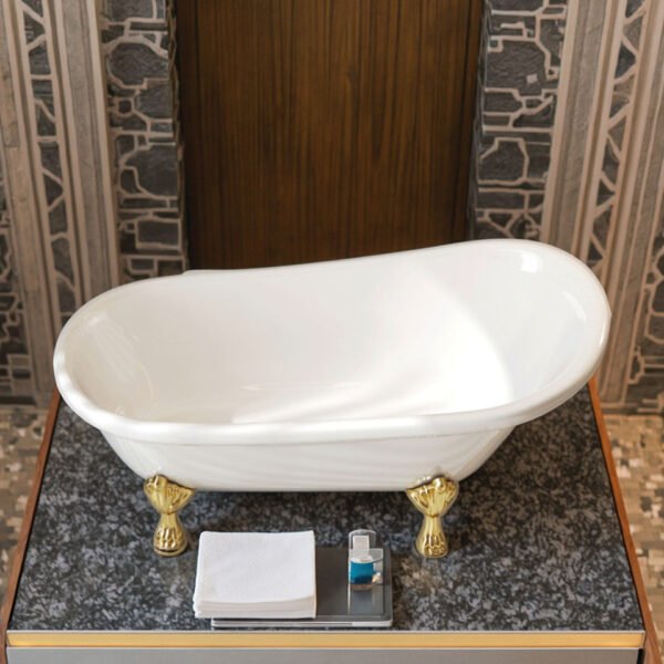 Luxury White Boat-Shaped Clawfoot Bathtub with Gold Feet – Vintage Freestanding Soaking Tub