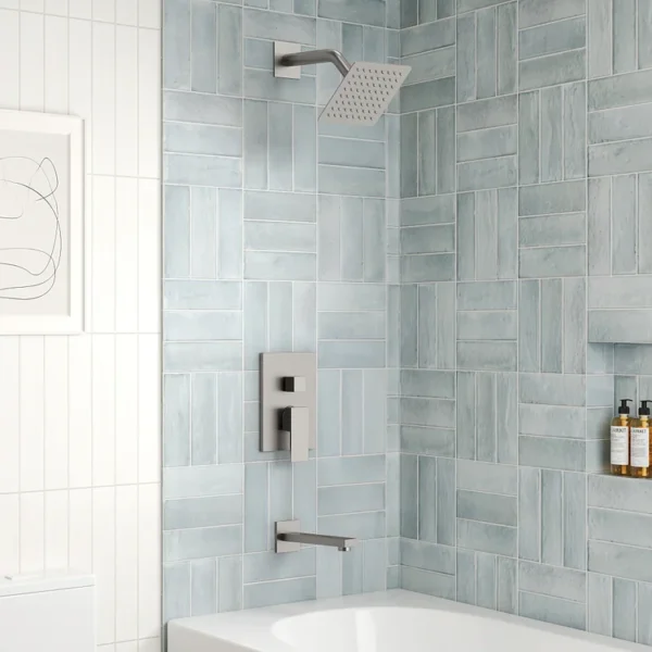 Modern Square Rainfall Shower System with Tub Spout – Brushed Nickel Finish