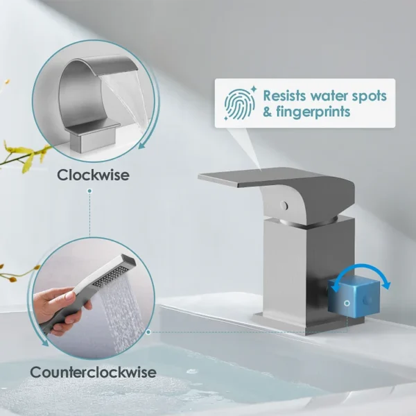 Modern Brushed Nickel Deck-Mounted Waterfall Bathtub Faucet with Hand Shower