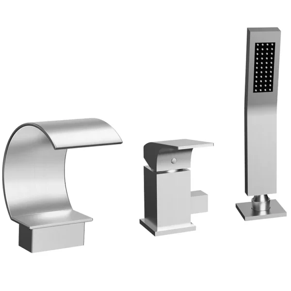 Modern Brushed Nickel Deck-Mounted Waterfall Bathtub Faucet with Hand Shower