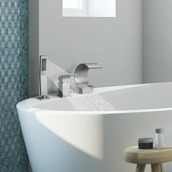 Modern Brushed Nickel Deck-Mounted Waterfall Bathtub Faucet with Hand Shower