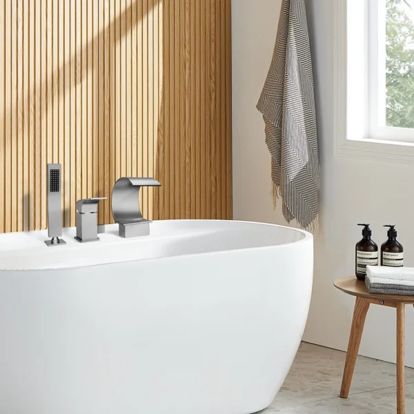 Modern Brushed Nickel Deck-Mounted Waterfall Bathtub Faucet with Hand Shower