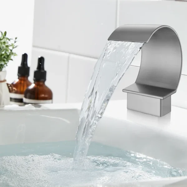 Modern Brushed Nickel Deck-Mounted Waterfall Bathtub Faucet with Hand Shower