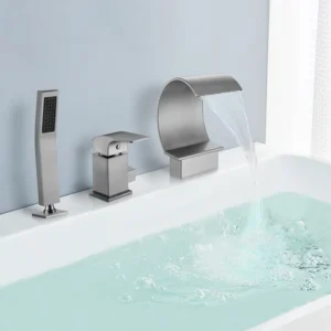 Modern Brushed Nickel Deck-Mounted Waterfall Bathtub Faucet with Hand Shower
