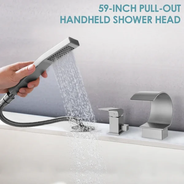 Modern Brushed Nickel Deck-Mounted Waterfall Bathtub Faucet with Hand Shower
