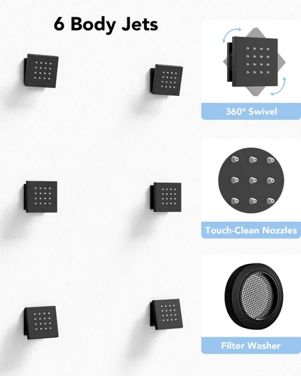 Luxury Matte Black Multi-Function Shower System with Rainfall Head, Body Jets & Hand Shower