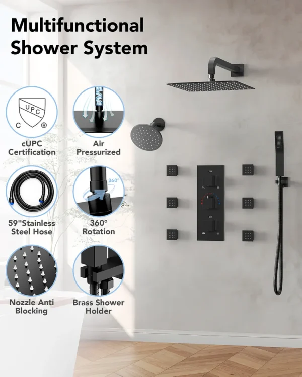 Luxury Matte Black Multi-Function Shower System with Rainfall Head, Body Jets & Hand Shower
