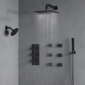 Double Shower (8) Luxury Matte Black Multi-Function Shower System with Rainfall Head, Body Jets & Hand Shower