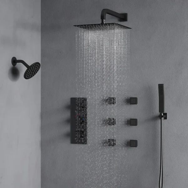 Luxury Matte Black Multi-Function Shower System with Rainfall Head, Body Jets & Hand Shower