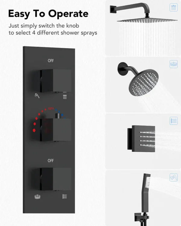 Luxury Matte Black Multi-Function Shower System with Rainfall Head, Body Jets & Hand Shower