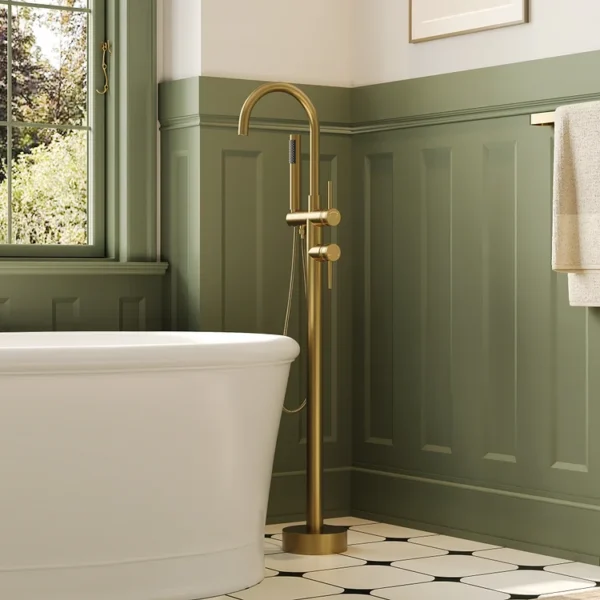 Luxury Brushed Gold Freestanding Bathtub Faucet with Hand Shower