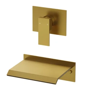 Luxury Brushed Gold Wall-Mounted Waterfall Bathtub Faucet – Modern Wide Spout Tub Filler