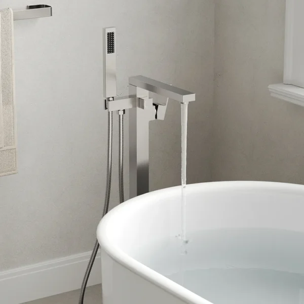 Modern Freestanding Bathtub Faucet with Hand Shower – Brushed Nickel Floor Mounted Tub Filler