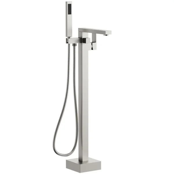 Modern Freestanding Bathtub Faucet with Hand Shower – Brushed Nickel Floor Mounted Tub Filler