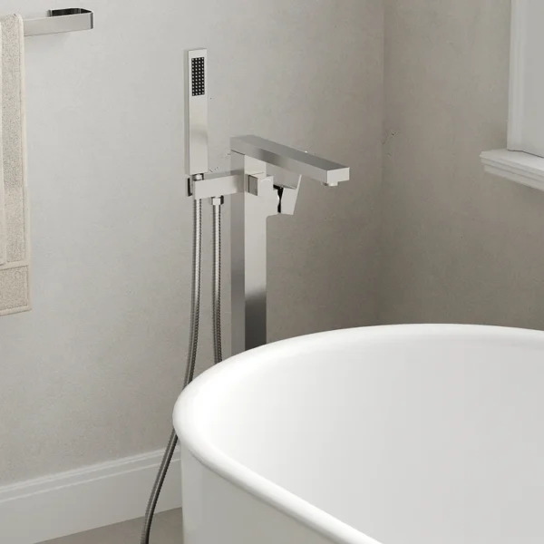 Modern Freestanding Bathtub Faucet with Hand Shower – Brushed Nickel Floor Mounted Tub Filler