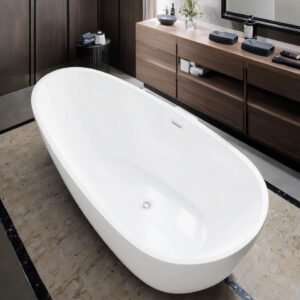 Function (2) Luxury White Freestanding Oval Soaking Bathtub – Contemporary Deep Standalone Spa Tub
