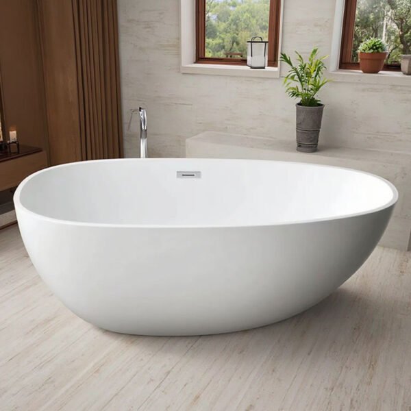 Luxury White Freestanding Oval Soaking Bathtub – Contemporary Deep Standalone Spa Tub