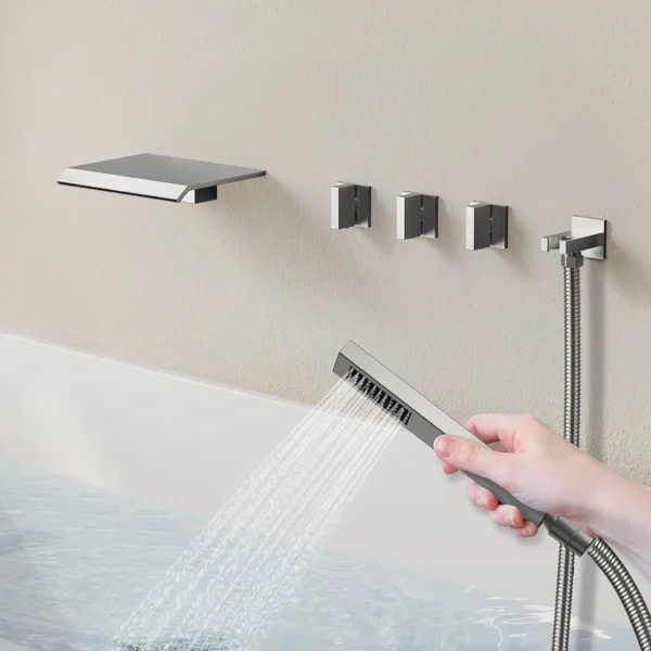 Modern Brushed Nickel Wall-Mounted Waterfall Bathtub Faucet with Hand Shower