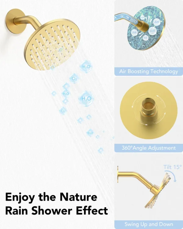 Luxury Brushed Gold Multi-Function Shower System with Rainfall Head, Body Jets & Hand Shower