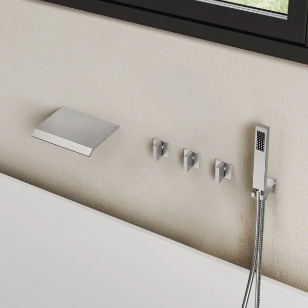 Modern Brushed Nickel Wall-Mounted Waterfall Bathtub Faucet with Hand Shower