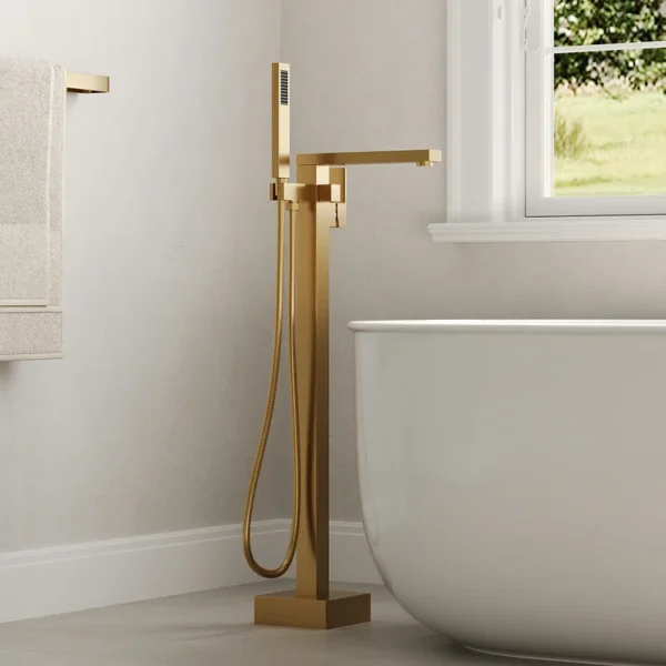 Luxury Freestanding Bathtub Faucet with Hand Shower – Brushed Gold Floor Mounted Tub Filler