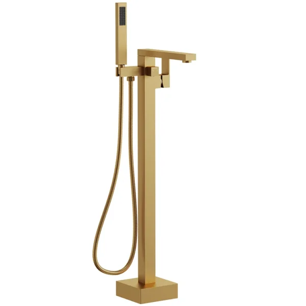 Luxury Freestanding Bathtub Faucet with Hand Shower – Brushed Gold Floor Mounted Tub Filler
