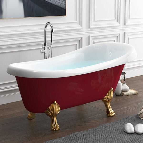 Luxury Red Freestanding Clawfoot Bathtub with Gold Feet – Vintage Roll Top Soaking Tub