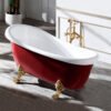 Luxury Red Freestanding Clawfoot Bathtub with Gold Feet – Vintage Roll Top Soaking Tub