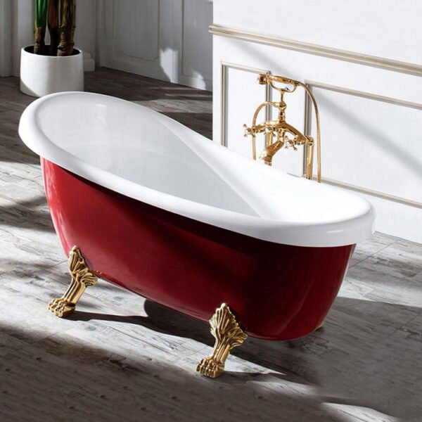 Luxury Red Freestanding Clawfoot Bathtub with Gold Feet – Vintage Roll Top Soaking Tub