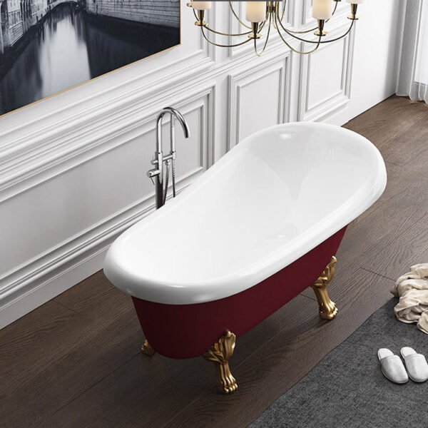 Luxury Red Freestanding Clawfoot Bathtub with Gold Feet – Vintage Roll Top Soaking Tub