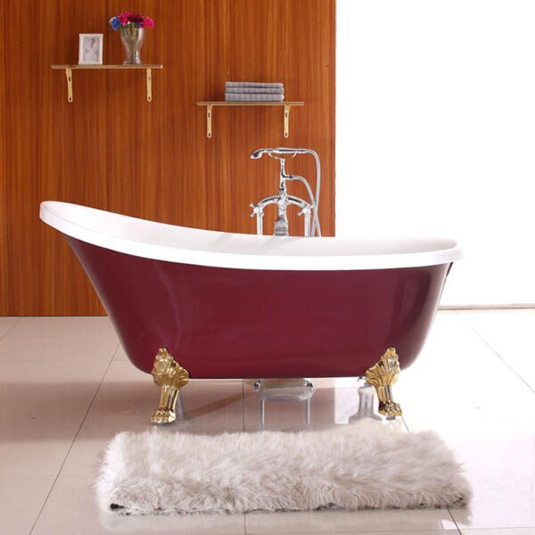 Luxury Red Freestanding Clawfoot Bathtub with Gold Feet – Vintage Roll Top Soaking Tub