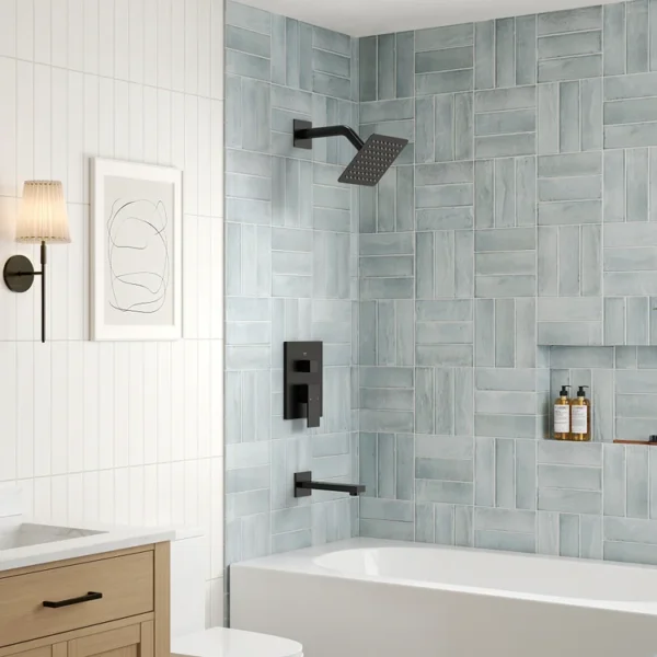 Matte Black Square Rainfall Shower System with Tub Spout – Modern Wall Mounted Set