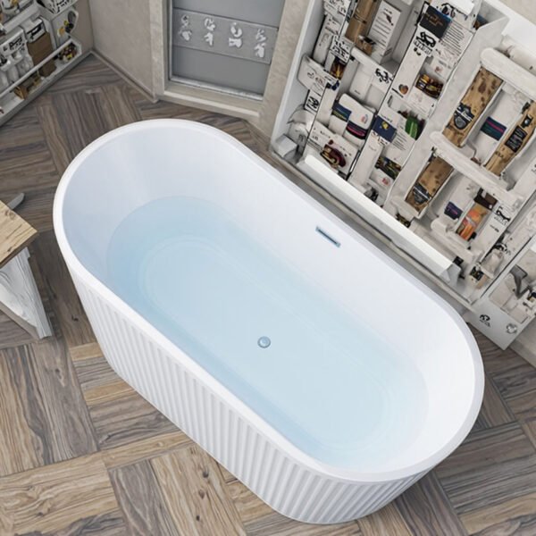 Luxury White Fluted Freestanding Soaking Bathtub – Modern Textured Oval Standalone Tub