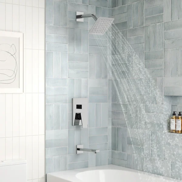 Shower Faucet (2) Modern Square Wall-Mounted Rainfall Shower System with Tub Spout – Polished Chrome