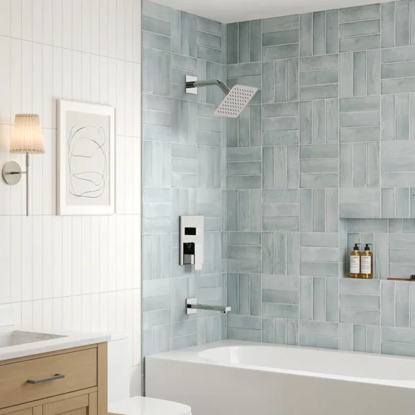 Shower Faucet (3) Modern Square Wall-Mounted Rainfall Shower System with Tub Spout – Polished Chrome