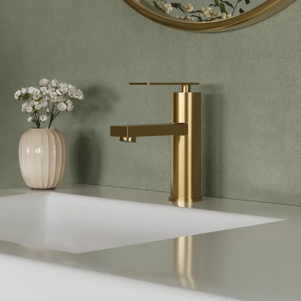 Modern Brushed Gold Single Handle Bathroom Sink Faucet – Cylindrical Design