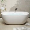 Modern White Freestanding Oval Soaking Bathtub – Minimalist Luxury Standalone Tub