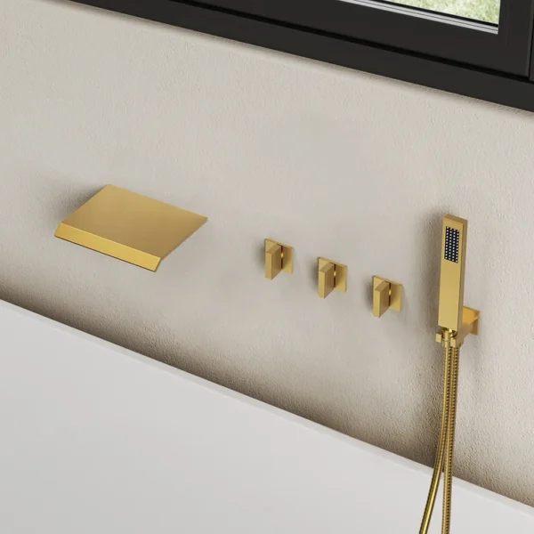 bathtub faucet Luxury Brushed Gold Deck-Mounted Waterfall Bathtub Faucet with Hand Shower