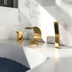 ce6dcc6089ac23aa6f78ffe58589dc4d Luxury Brushed Gold Deck-Mounted Waterfall Bathtub Faucet with Hand Shower